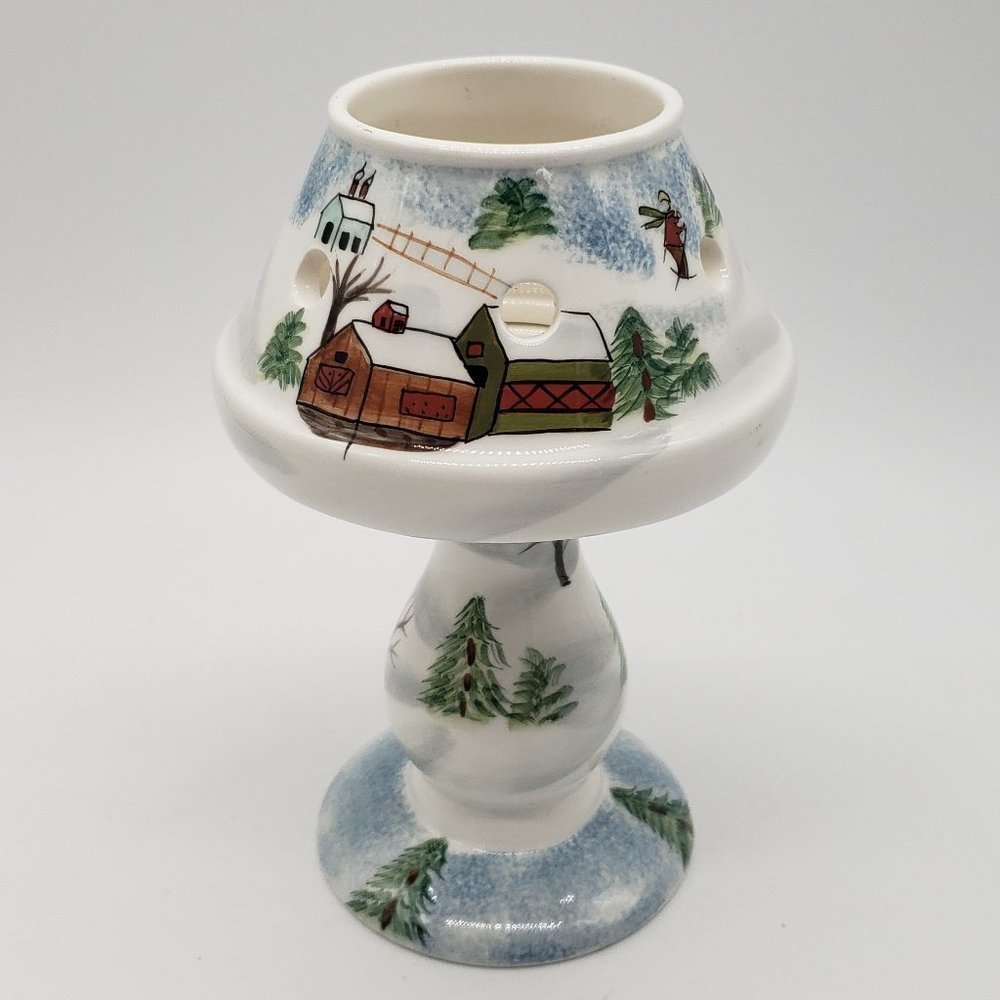 Elements Small Ceramic Spongeware Winter Skiing Trees Scene Tealight Candle Lamp
